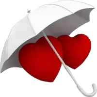 two red hearts are under an umbrella on a white background .