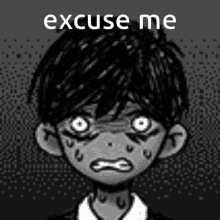 a black and white drawing of a boy with a sad face and the words `` excuse me '' .