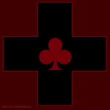 a black cross with a red playing card in the middle is made with postermywall.com