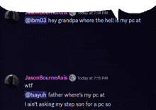 a screenshot of a conversation between jasonbourneaxis and isayuh