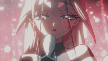 a girl with long white hair is holding a white object in her hand