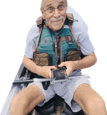 an older man wearing a life vest is sitting in a boat holding a glass container