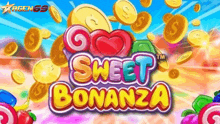 a cartoon illustration of a sweet bonanza game with candy and coins flying in the air .