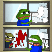 a cartoon of a frog cleaning a window and another frog with blood on the window