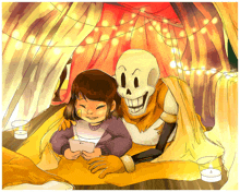 a drawing of a girl and a skeleton sitting in a tent with candles