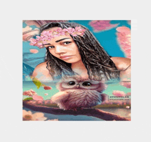 a painting of a woman with a flower crown on her head and an owl on a branch