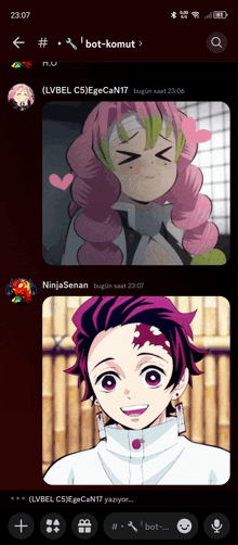 a screenshot of a chat with ninjasenan and a picture of a girl with pink hair