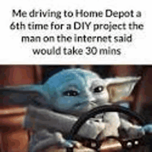 a baby yoda is driving a car while holding a steering wheel .