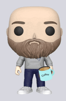 a funko pop of a man with a beard is holding a coffee mug