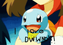 a girl holding a squirtle that says i love dw wnd