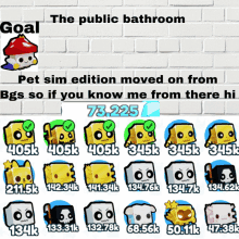 a poster that says goal the public bathroom pet sim edition moved on from bgs so if you know me from there hi 73,225