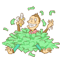 a cartoon of a monkey holding a banana surrounded by green money