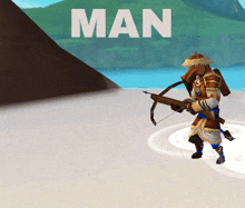 a man is holding a bow and arrow in front of a mountain