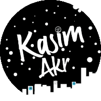 a black circle with white dots and the words kasim akr