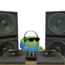 a green frog wearing sunglasses and headphones is sitting in front of speakers