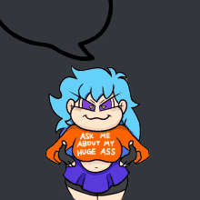 a cartoon character is wearing an orange shirt that says " ask me about my huge ass "