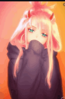 a girl with pink hair and horns is wearing a black sweater and covering her mouth .