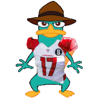 perry the platypus is wearing a cardinals jersey and a hat