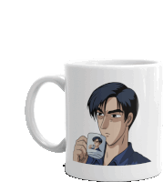 a mug with a picture of a man holding a id