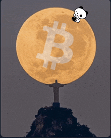 a statue of jesus stands in front of a full moon with a bitcoin sign on it