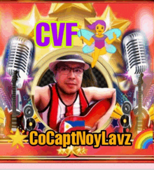 a picture of a man holding a guitar with cvf and cocaptnoylavz written on the bottom