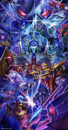 a group of transformers are gathered together in a large painting