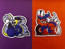 two stickers of a dragon and a rabbit are on a purple and orange surface .