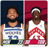 two basketball players from the wolves and raptors are shown