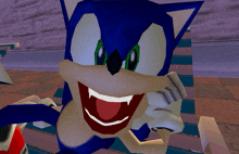 a close up of sonic the hedgehog 's face with his mouth open