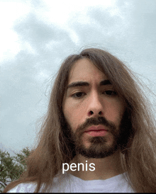 a man with long hair and a beard has the word penis above his head