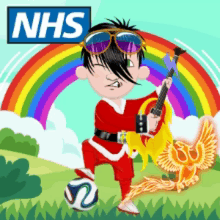 a cartoon of a boy holding a guitar in front of a rainbow and the nhs logo