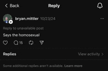 a screenshot of a reply to an unavailable post from bryan.mittler .