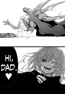 a black and white image of a girl and a monster with the words `` hi , dad '' written on it .