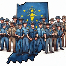 a group of police officers are standing in front of an indiana state map