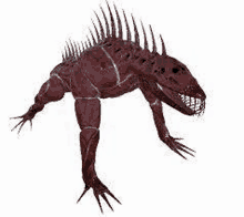 a 3d rendering of a red monster with spikes on its head and legs .