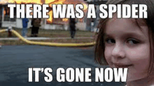 there was a spider it 's gone now meme with a girl in front of a burning house .