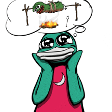 a cartoon of a frog with a thought bubble about a frog tied to a pole