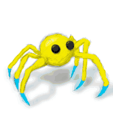 a yellow spider with black eyes and blue claws