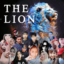 a group of people are standing in front of a lion with the words the lion above them