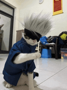 a cat wearing a wig and sunglasses is playing with a broom