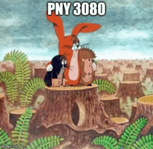 a cartoon of a rabbit a mole and a hedgehog sitting on a tree stump with the text pny 3080