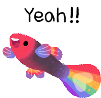 a drawing of a fish with a rainbow tail and the words " yeah " above it