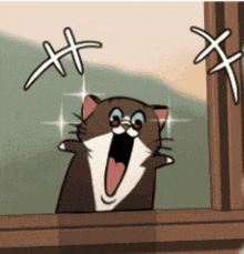 a cartoon cat is looking out of a window with his mouth open