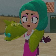 a cartoon girl with green hair is holding a stuffed animal in her hands