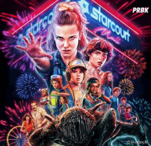 a poster for a movie called stranger things with fireworks and a sign that says starcourt mall