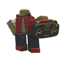 a cartoon character is wearing a red jacket and holding a boombox .