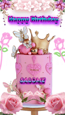 a pink birthday cake with the name salome on top