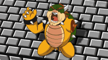 a cartoon drawing of bowser with a brick wall behind him