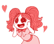 a drawing of a doll with red hair and buttons in her eyes