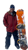 a man in a red jacket holds a snowboard that says thrasher